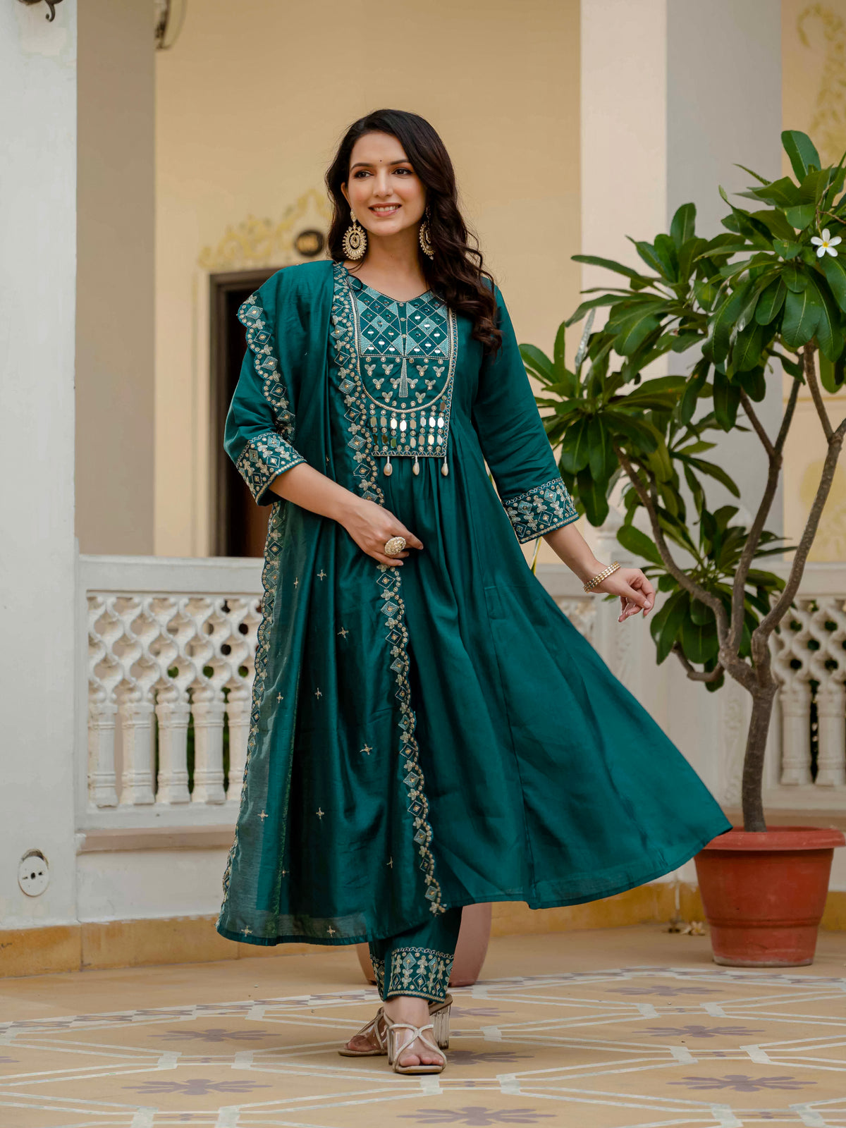Teal Viscose Roman Silk Anarkali Kurti Pant Set