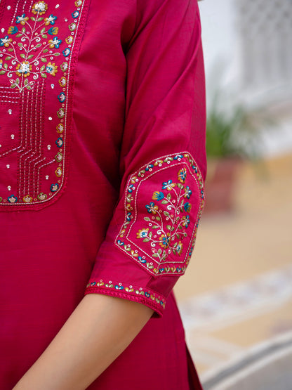 Pink Viscose Mango Silk Embroidered Kurti Set