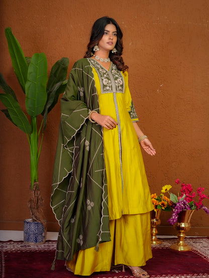 Yellow Roman Silk Anarkali Kurti Set