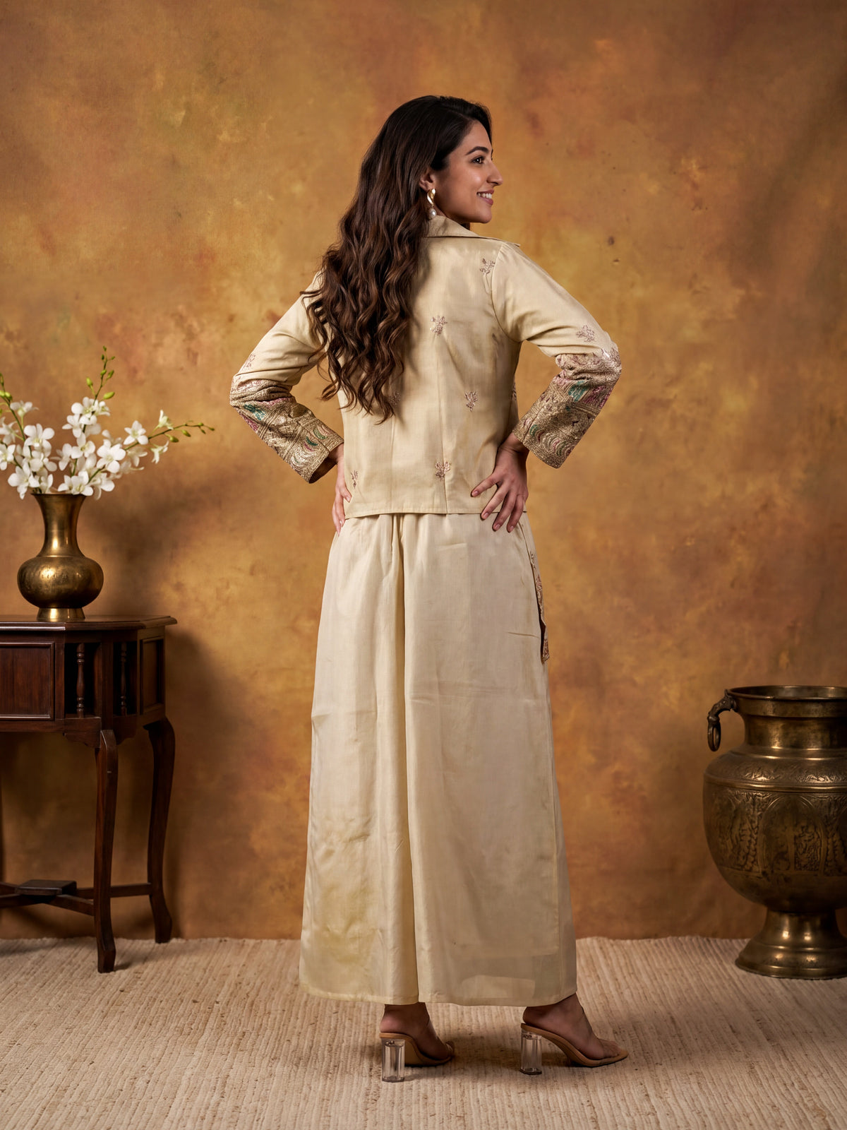 Cream Embroidered Naylon Tissue 3-Piece Suit