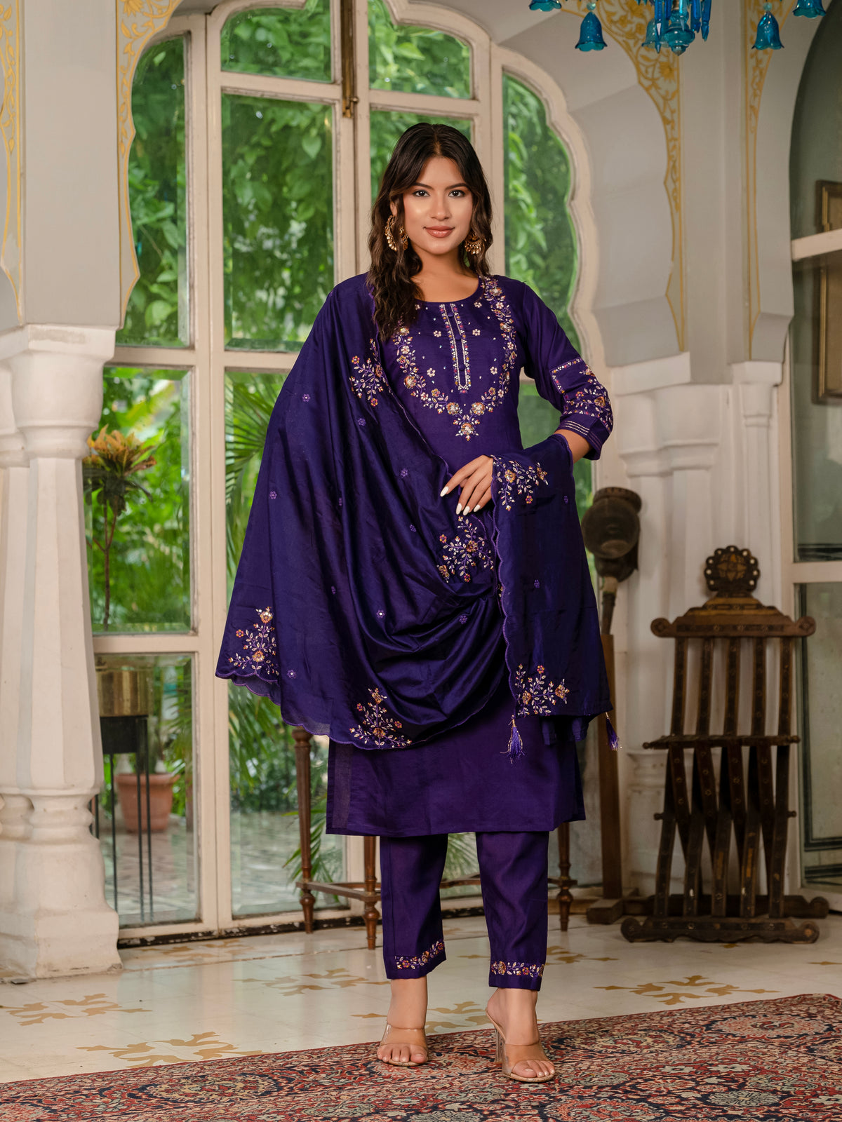 Violet Marina Silk Multi Embroidered Suit Set