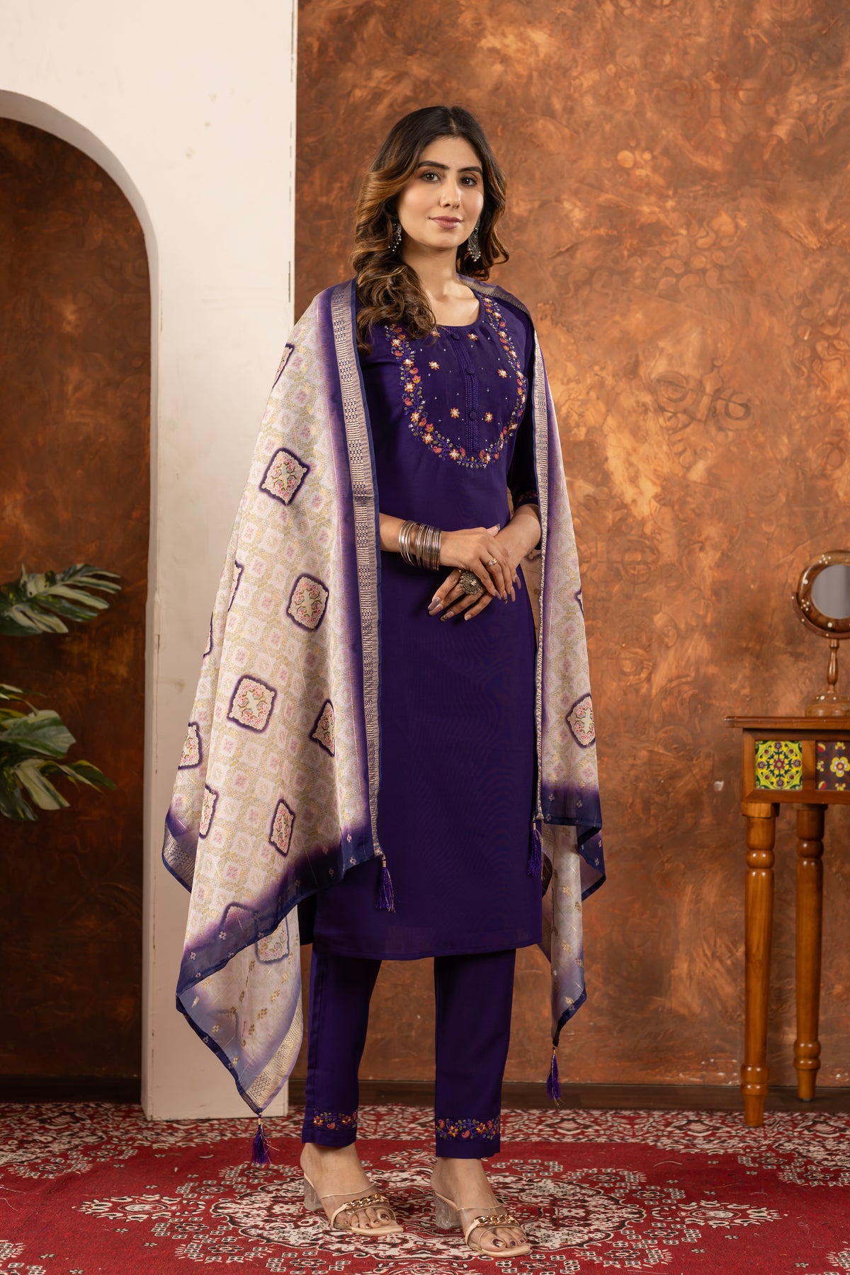 Purple Marina Silk Multi Embroidered Suit Set