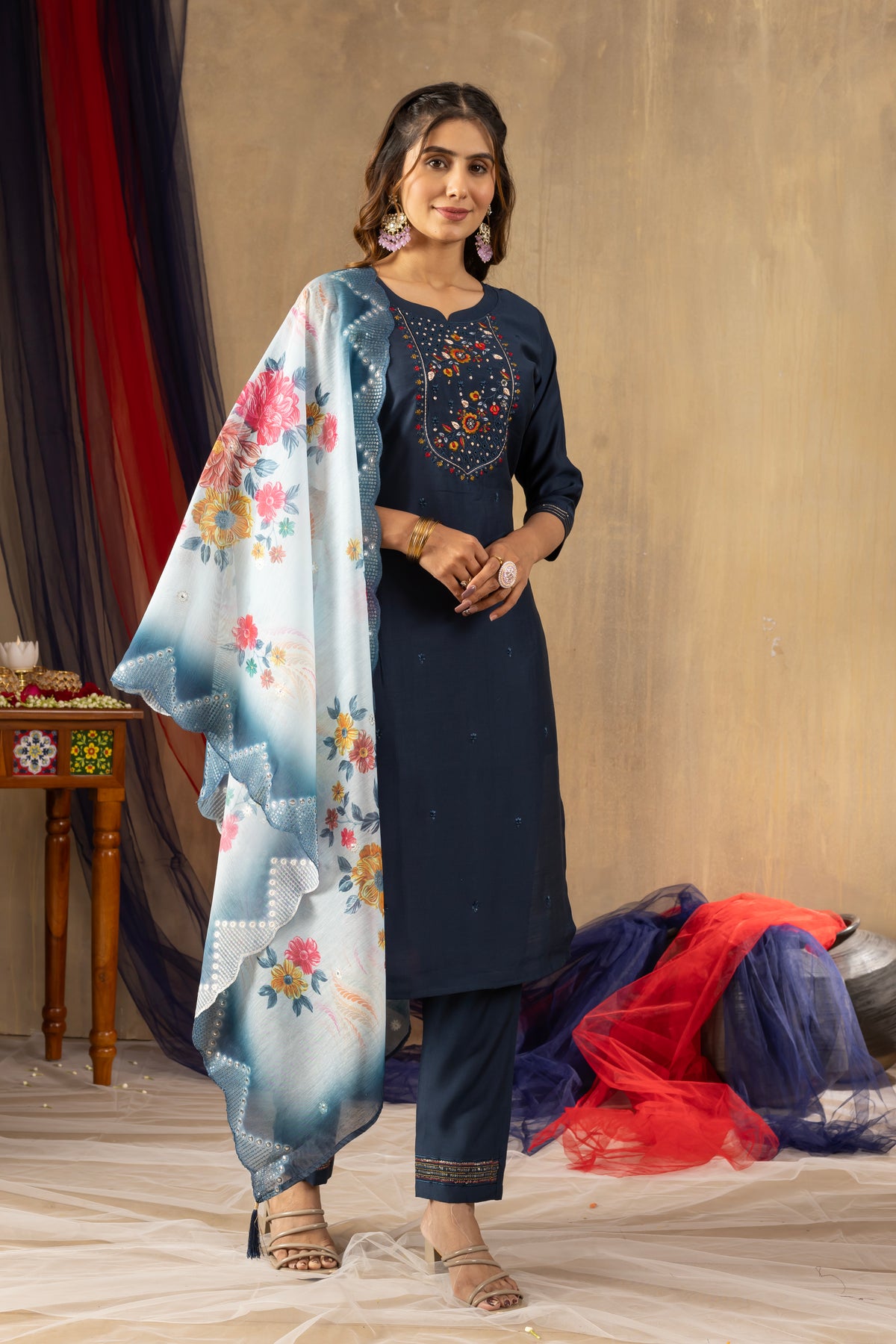 Navy Blue Viscose Silk Multi Embroidered Suit Set