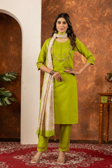 Parrot Green Marina Silk Multi Embroidered Suit Set