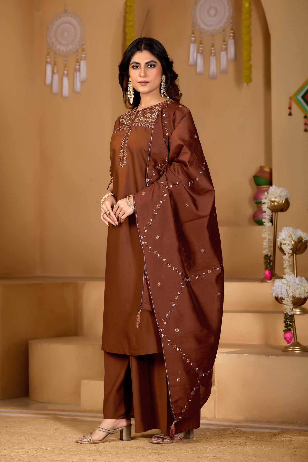 Coffee Viscose Mango Silk Anarkali Kurti Set