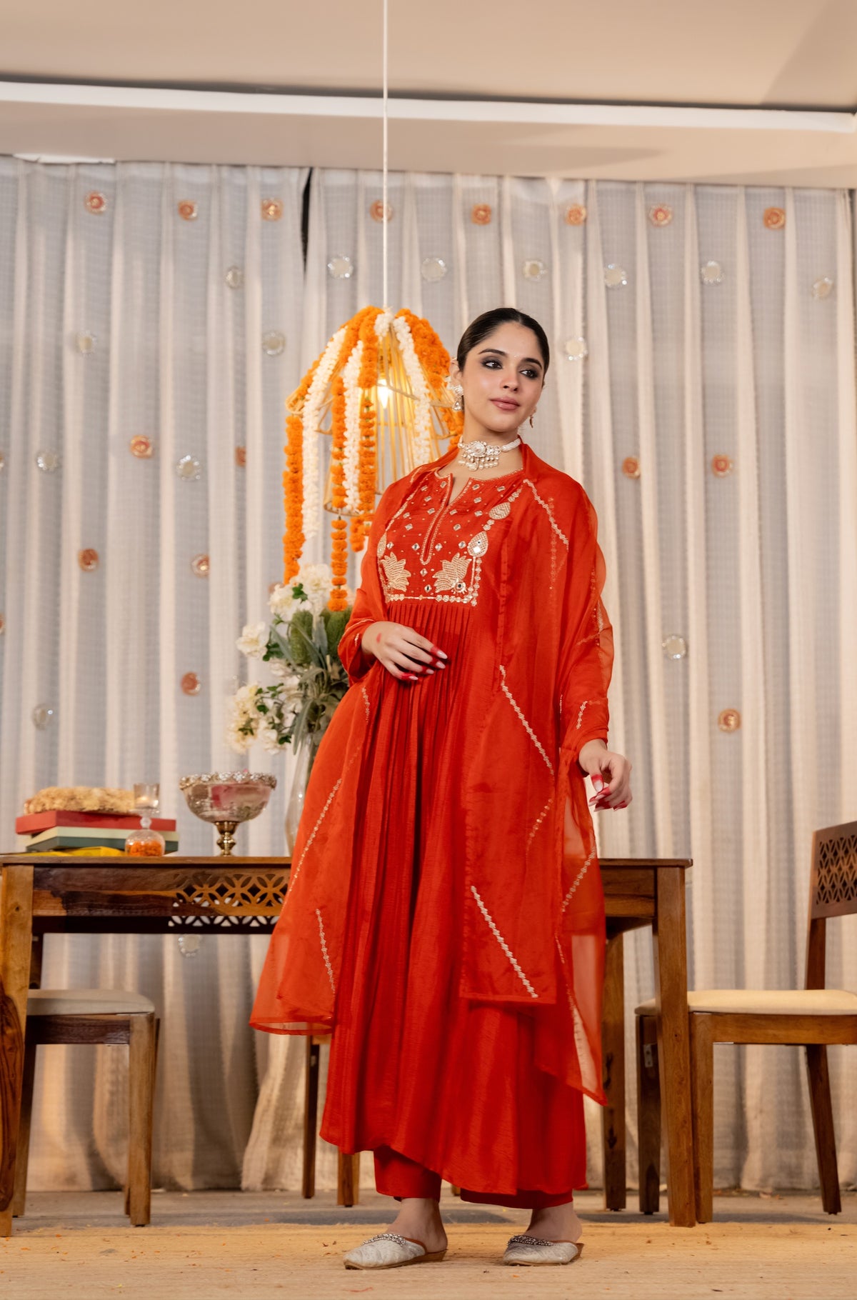 Orange Chanderi Silk Embroidered Suit Set