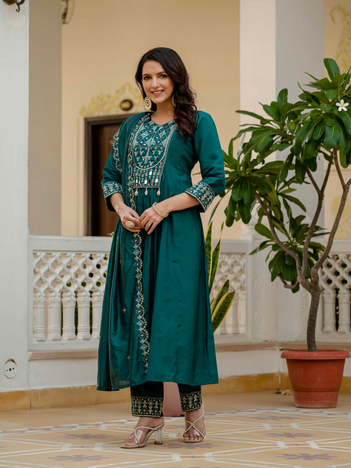 Teal Viscose Roman Silk Anarkali Kurti Pant Set