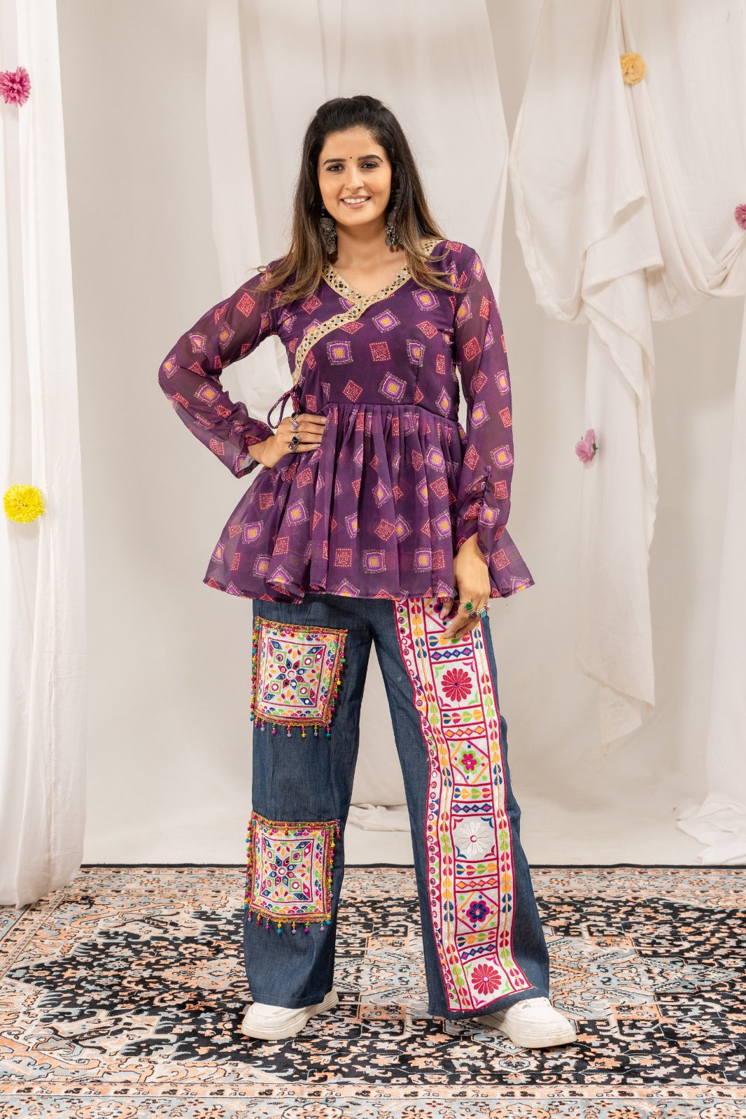 Purple Mirror Royale Kediya With Denim Set
