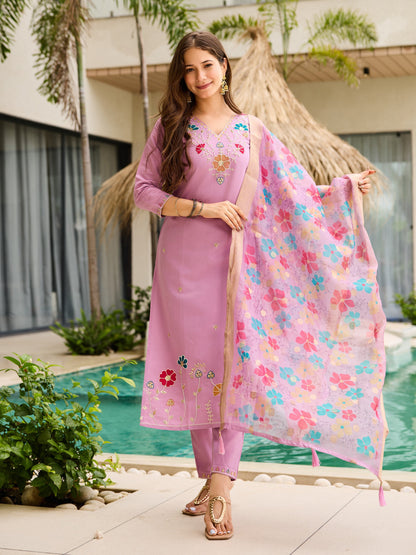 Baby Pink Viscose Gadhwal Embroidered Kurta Pant Dupatta Set