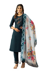 Navy Blue Viscose Silk Multi Embroidered Suit Set