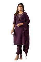 Wine Roman Silk Multi Embroidered Suit Set