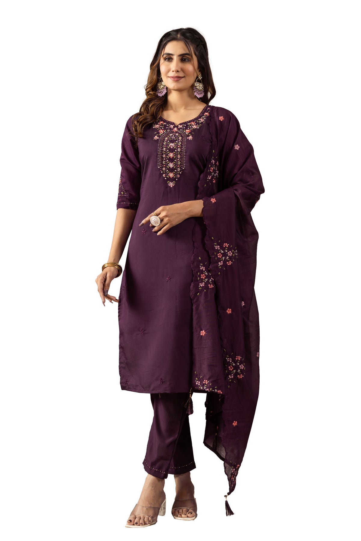Wine Roman Silk Multi Embroidered Suit Set