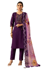 Purple Roman Silk Multi Embroidered Suit Set