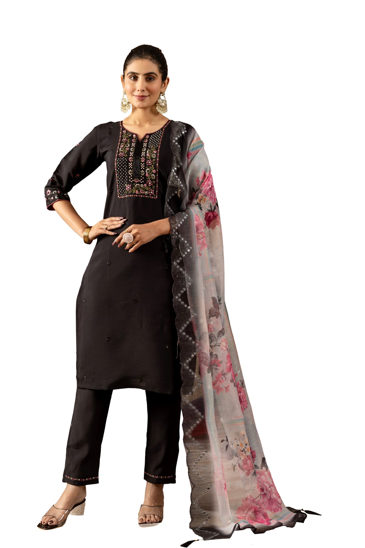 Black Roman Silk Multi Embroidered Suit Set