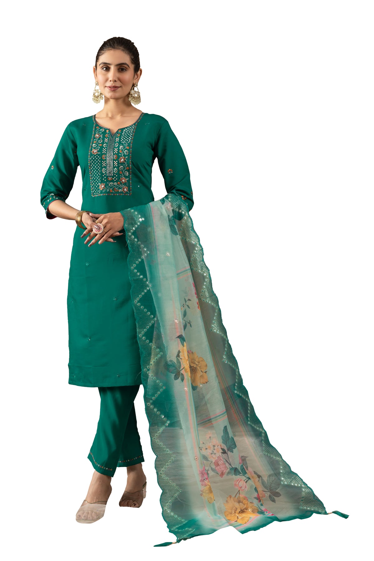Rama Green Roman Silk Multi Embroidered Suit Set