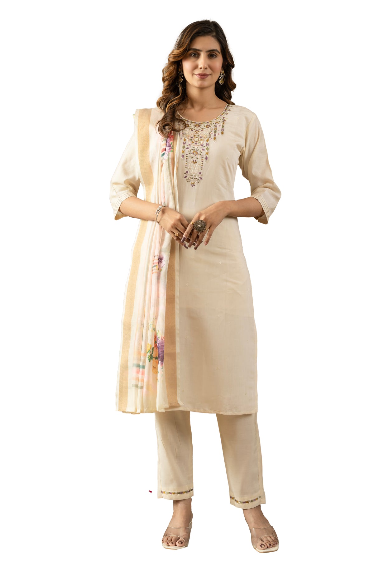 Off White Shimmer Gold Silk Multi Embroidered Suit Set