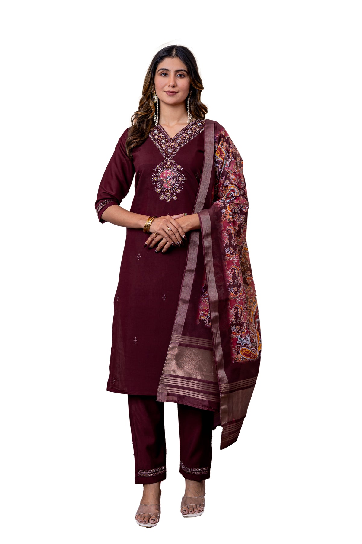 Wine Marina Viscose Silk Multi Embroidered Suit Set