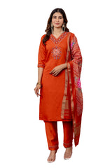 Orange Marina Viscose Silk Multi Embroidered Suit Set