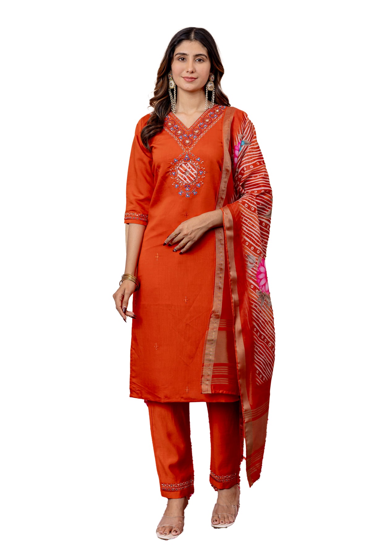 Orange Marina Viscose Silk Multi Embroidered Suit Set