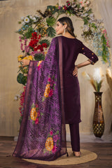Wine Roman Silk Multi Embroidered Suit Set