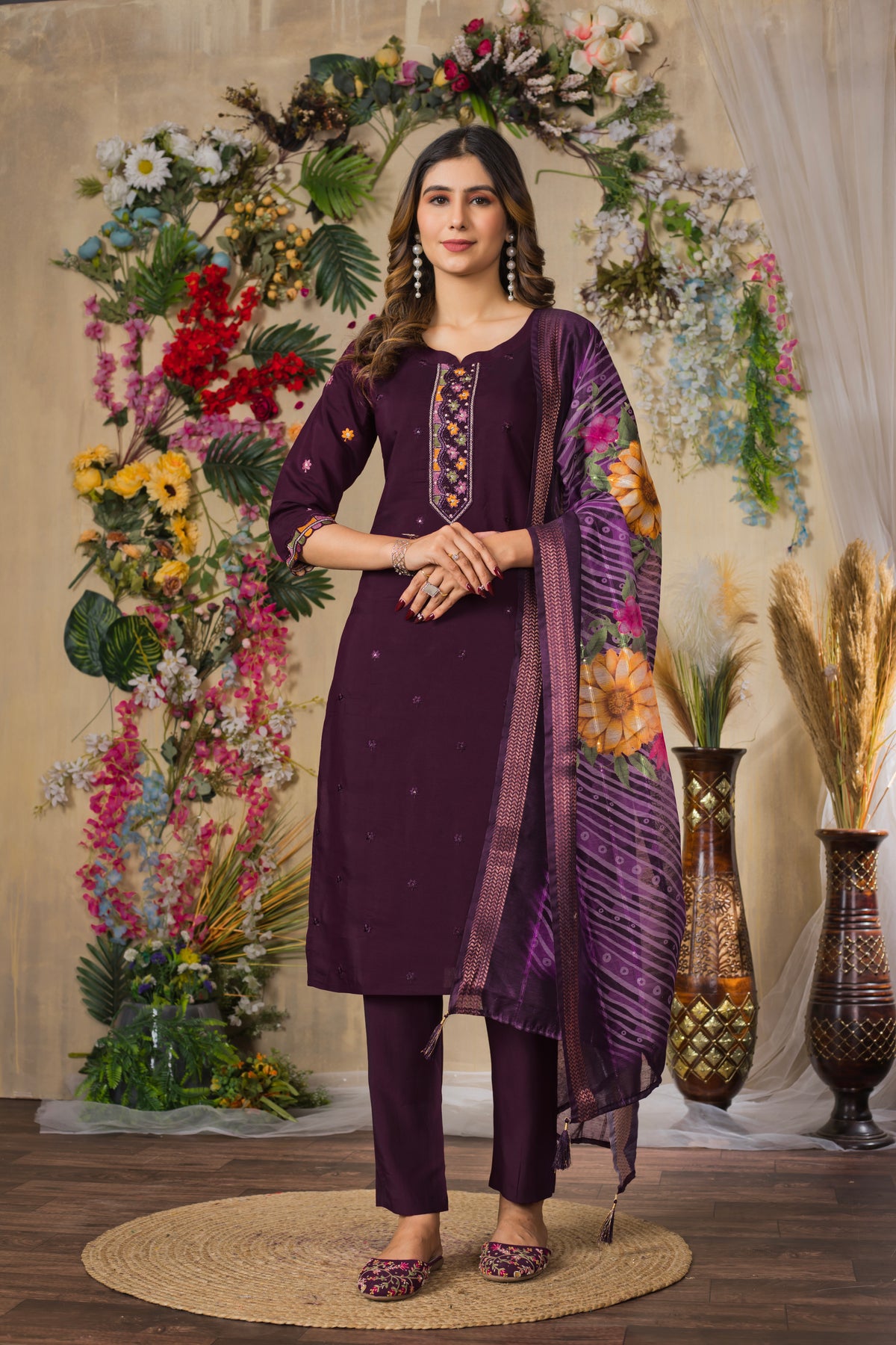 Wine Roman Silk Multi Embroidered Suit Set