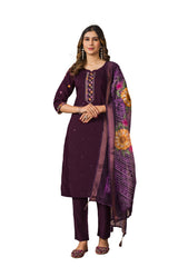 Wine Roman Silk Multi Embroidered Suit Set