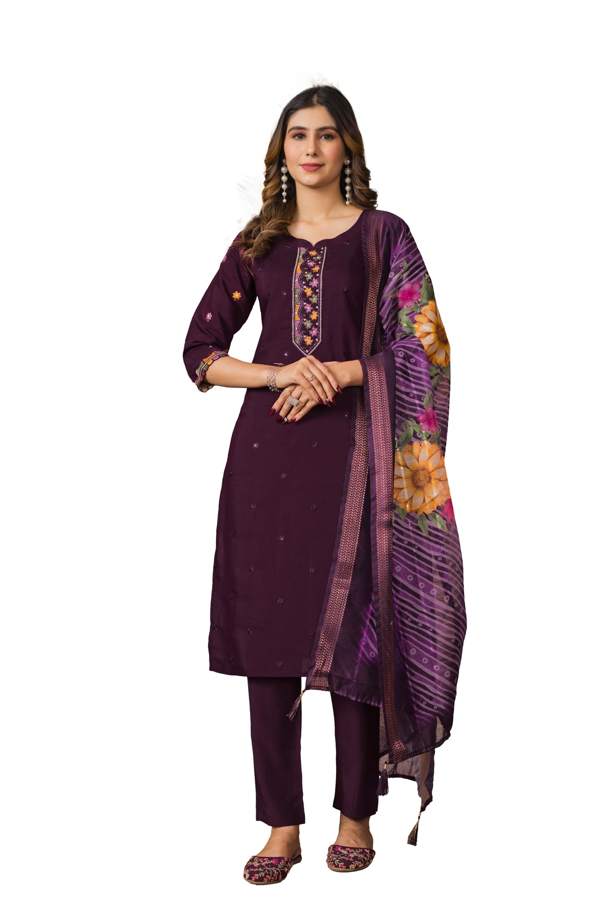 Wine Roman Silk Multi Embroidered Suit Set