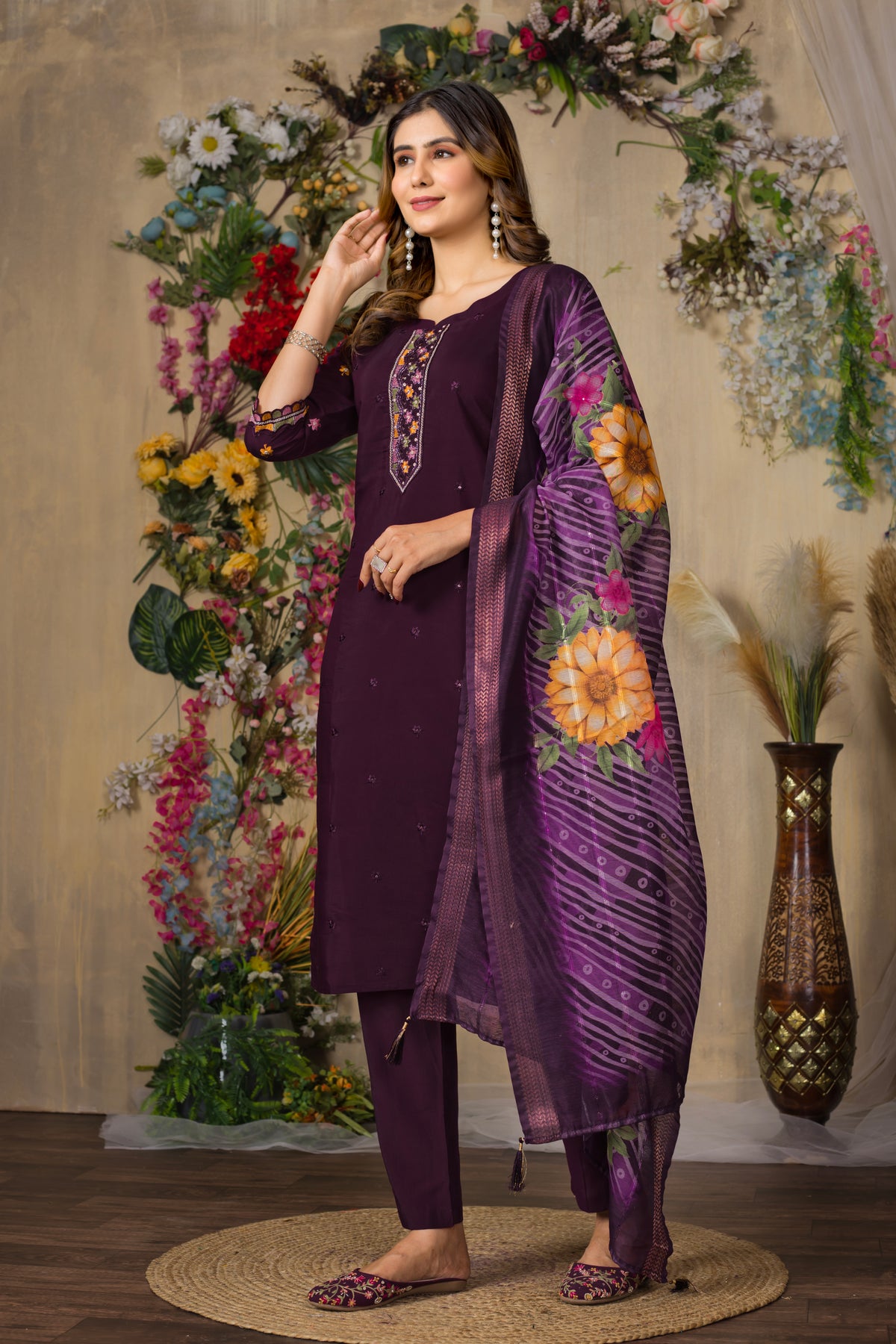 Wine Roman Silk Multi Embroidered Suit Set