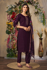 Wine Roman Silk Multi Embroidered Suit Set