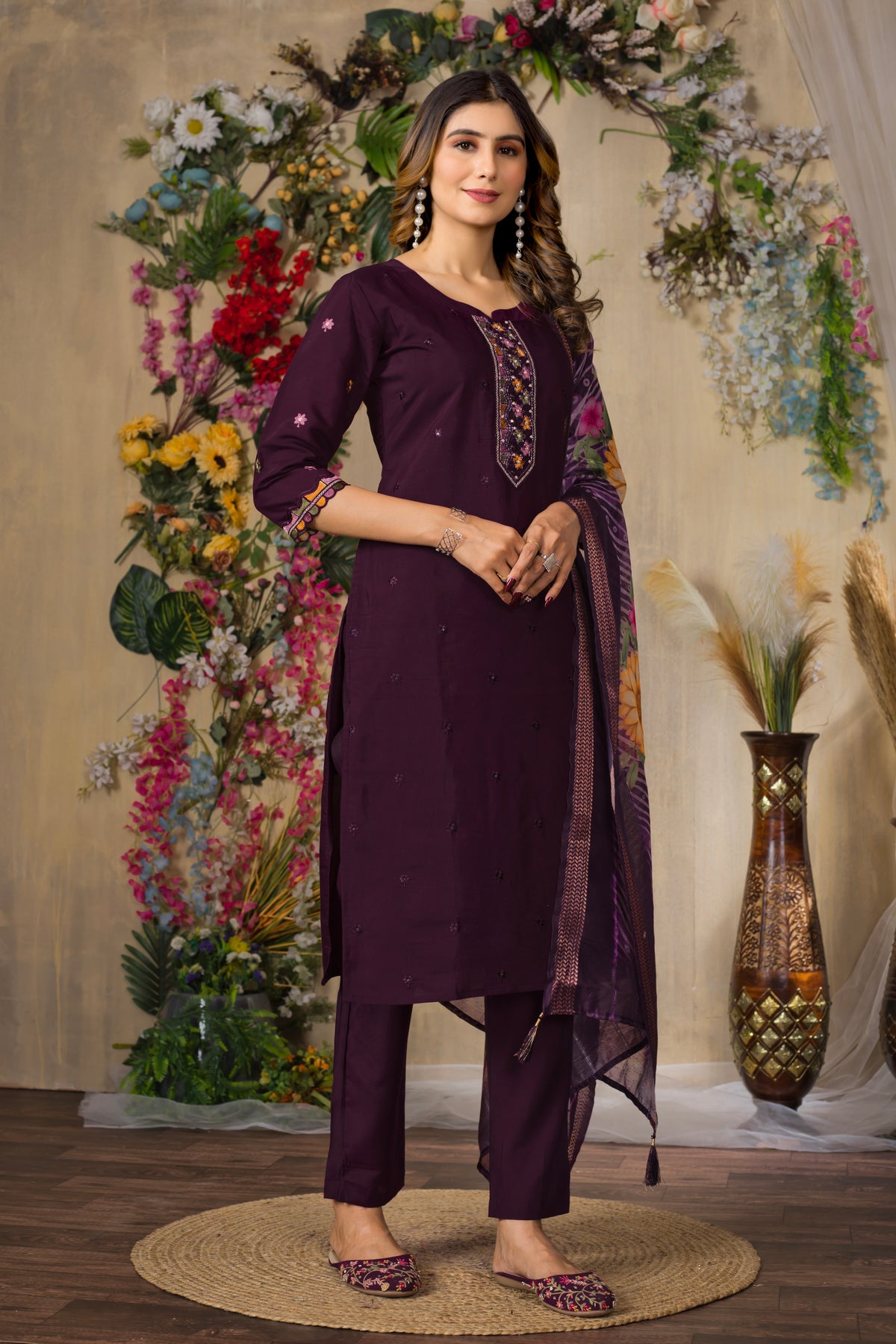 Wine Roman Silk Multi Embroidered Suit Set