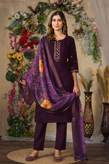 Wine Roman Silk Multi Embroidered Suit Set