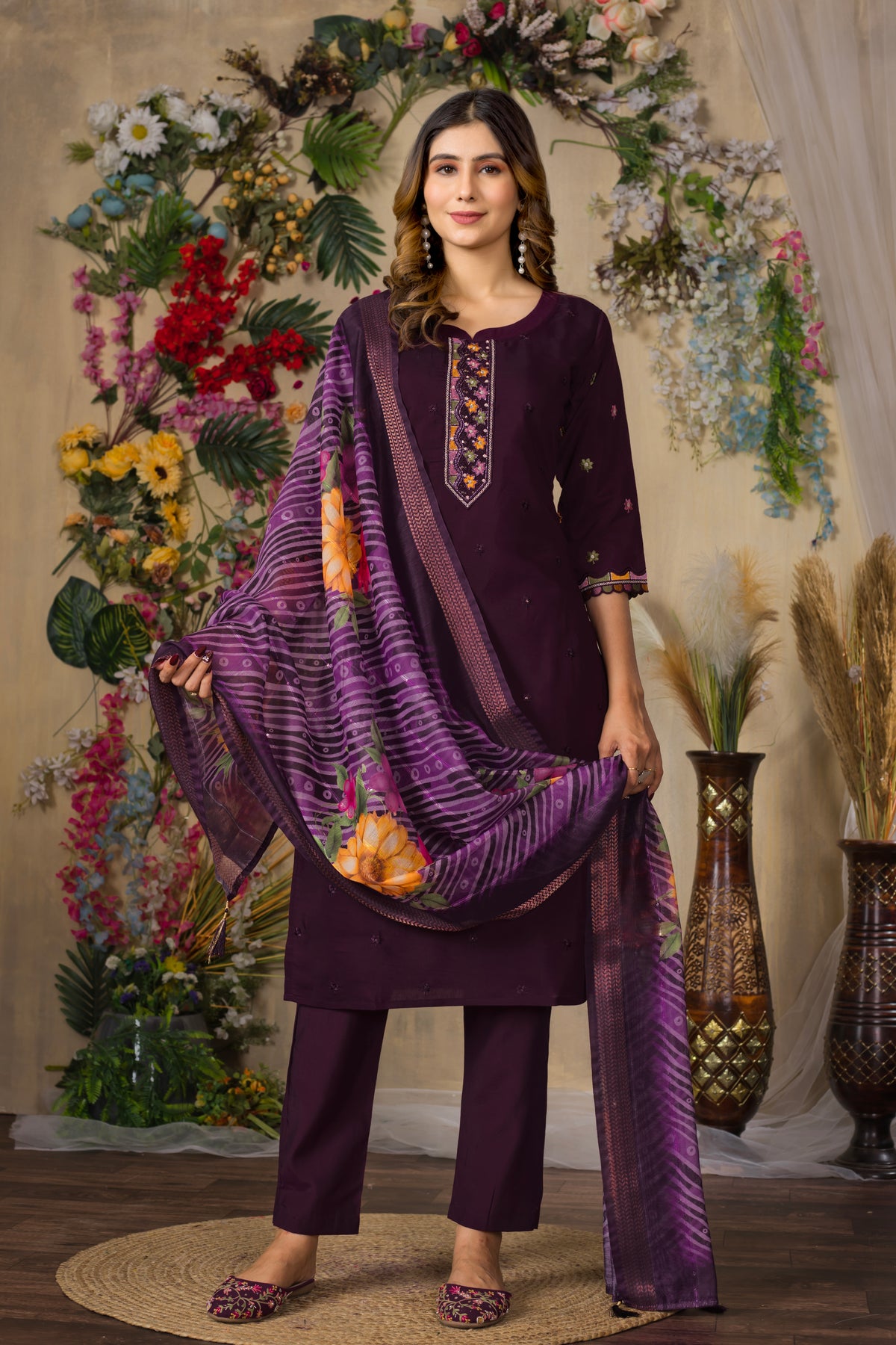 Wine Roman Silk Multi Embroidered Suit Set