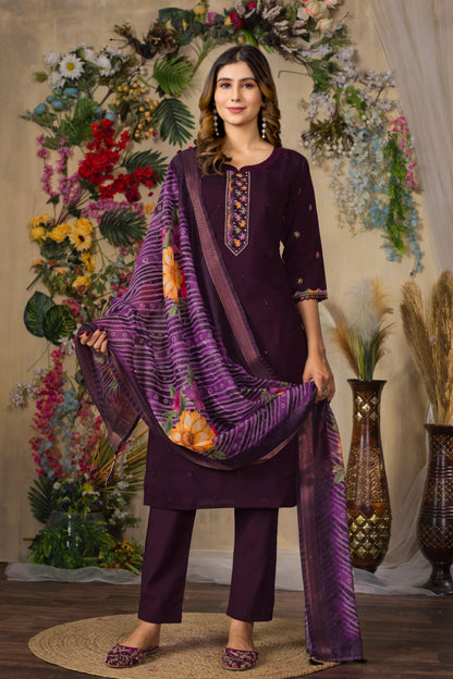 Wine Roman Silk Multi Embroidered Suit Set