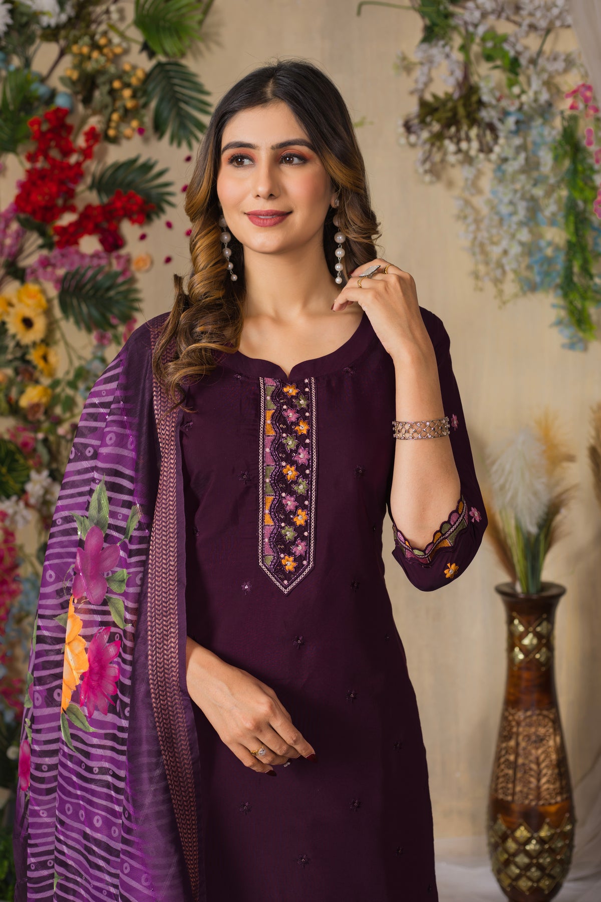 Wine Roman Silk Multi Embroidered Suit Set
