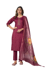 Cerise Roman Silk Multi Embroidered Suit Set