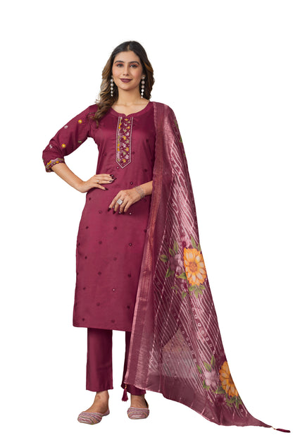 Cerise Roman Silk Multi Embroidered Suit Set