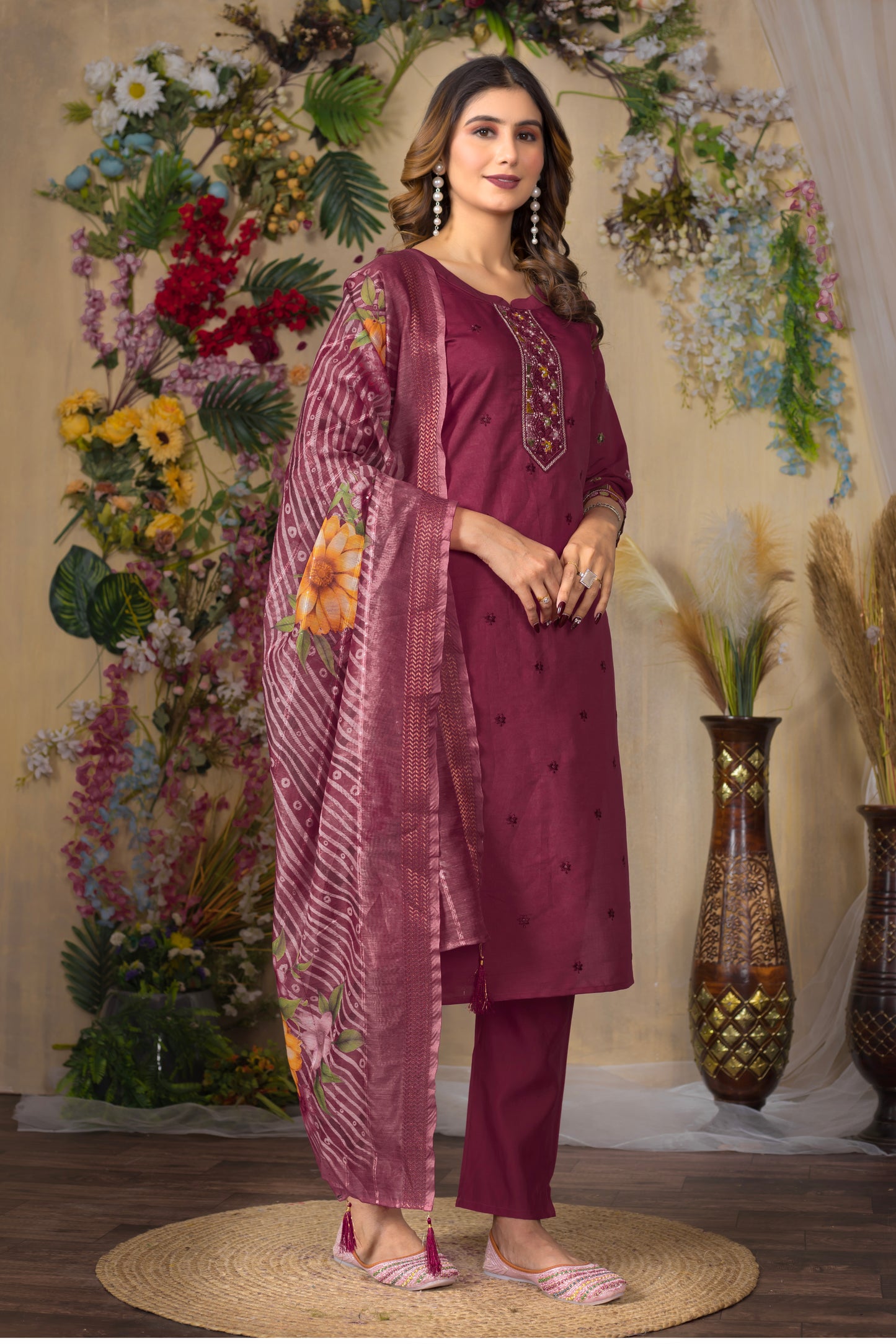 Cerise Roman Silk Multi Embroidered Suit Set
