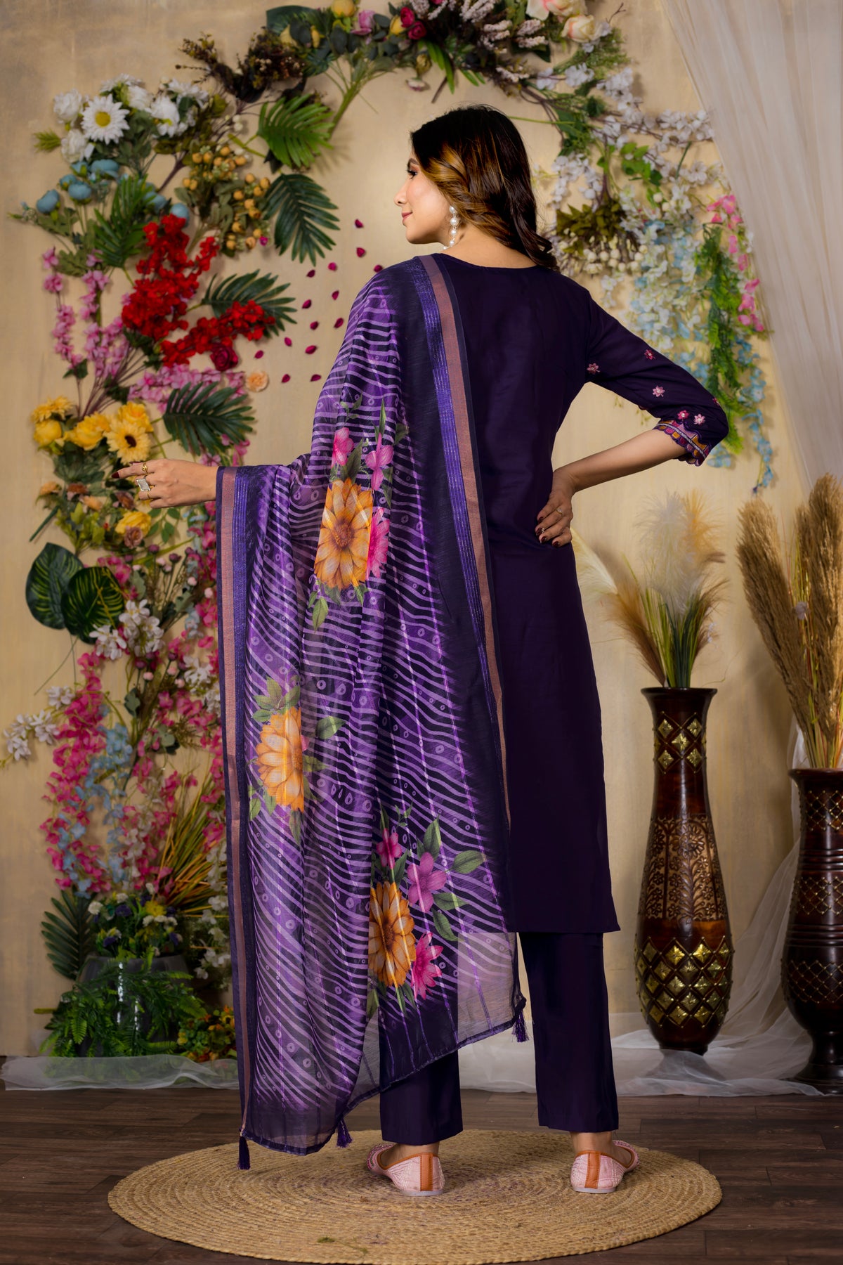 Purple Roman Silk Multi Embroidered Suit Set