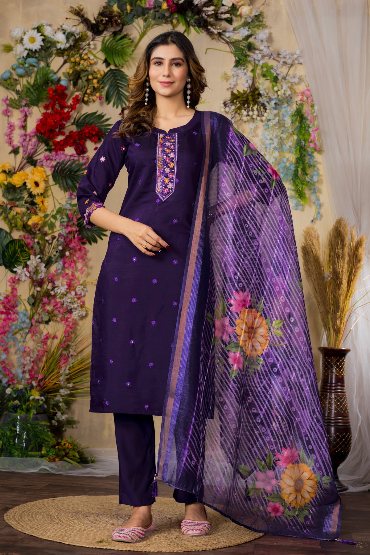 Purple Roman Silk Multi Embroidered Suit Set