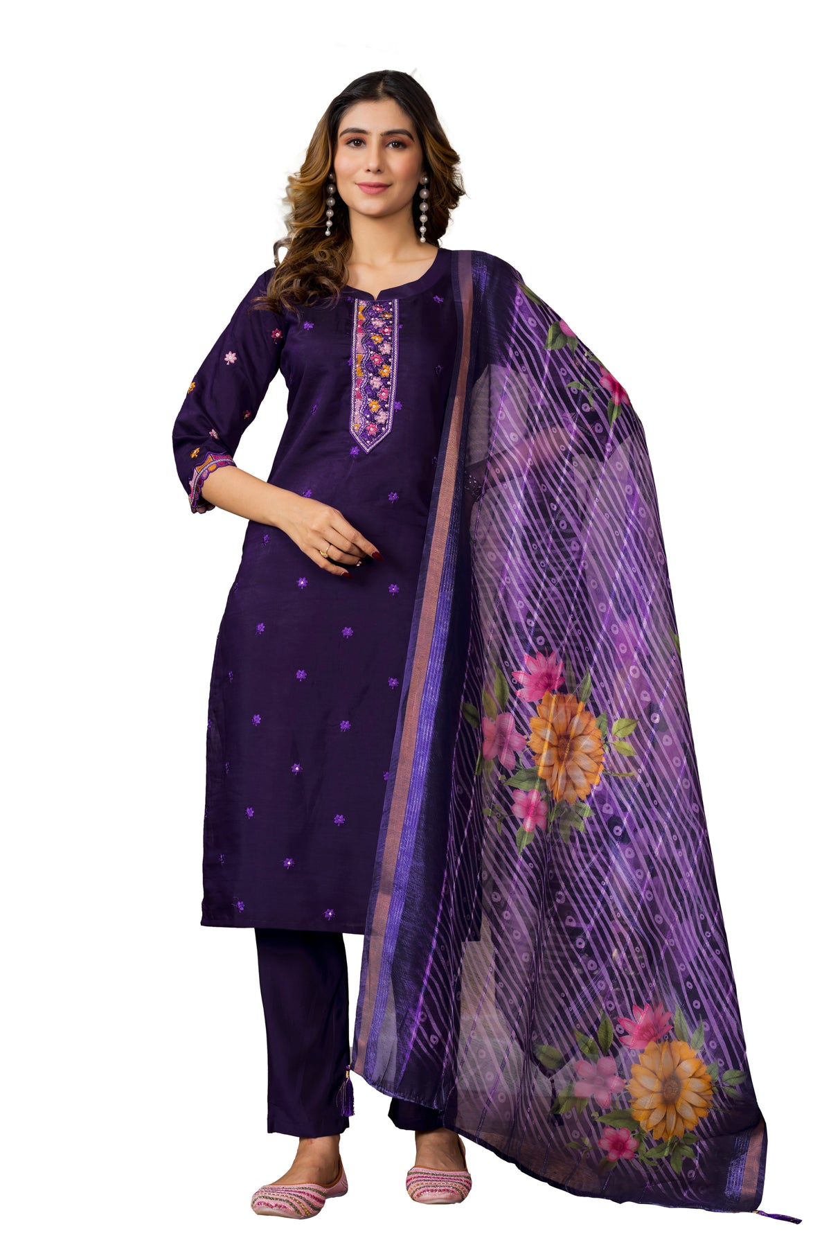Purple Roman Silk Multi Embroidered Suit Set