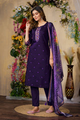 Purple Roman Silk Multi Embroidered Suit Set