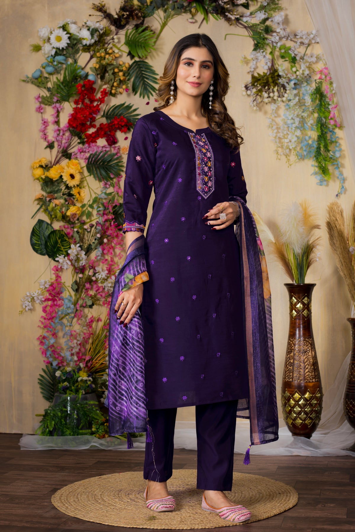 Purple Roman Silk Multi Embroidered Suit Set