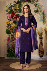Purple Roman Silk Multi Embroidered Suit Set