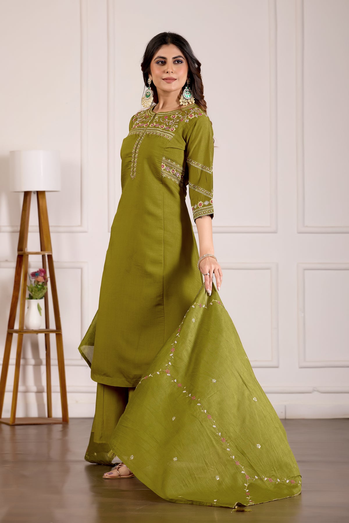 Mehndi Green Viscose Mango Silk Anarkali Kurti Set