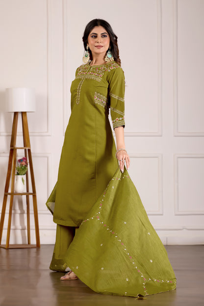 Mehndi Green Viscose Mango Silk Anarkali Kurti Set