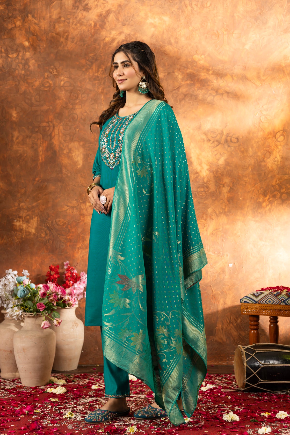 Rama Green Marina Silk Multi Embroidered Suit Set