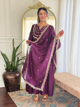 Wine Embroidered Anarkali Suit Set