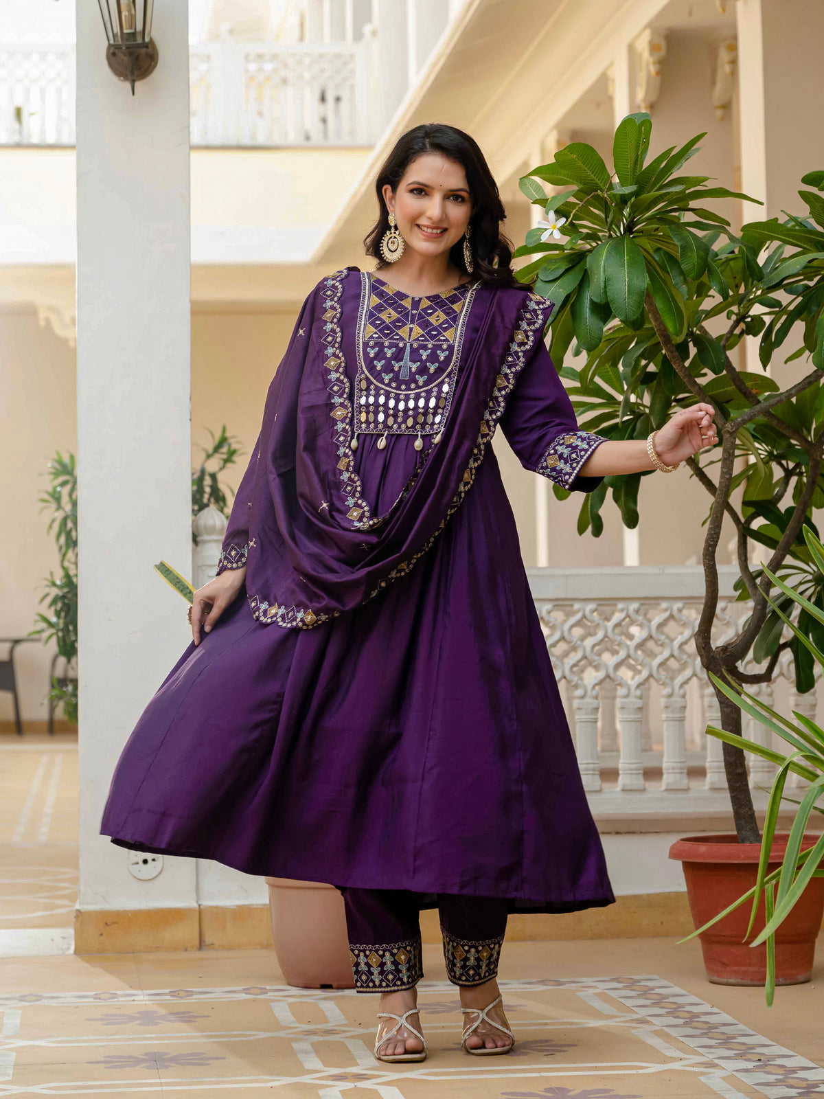 Purple Viscose Roman Silk Anarkali Kurti Pant Set