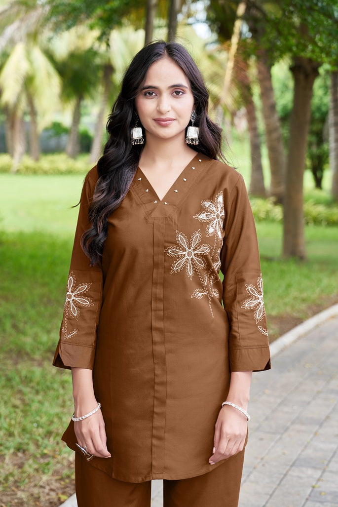 Classic Brown Heavy Rayon Embroidered Co-Ord Set