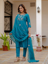 Firozi Viscose Mango Silk Embroidered Kurti Set